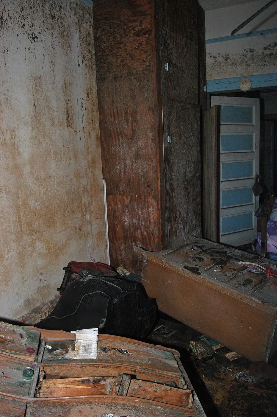 Interior room corner with dark mold staining across the upper walls of a water-damaged house
